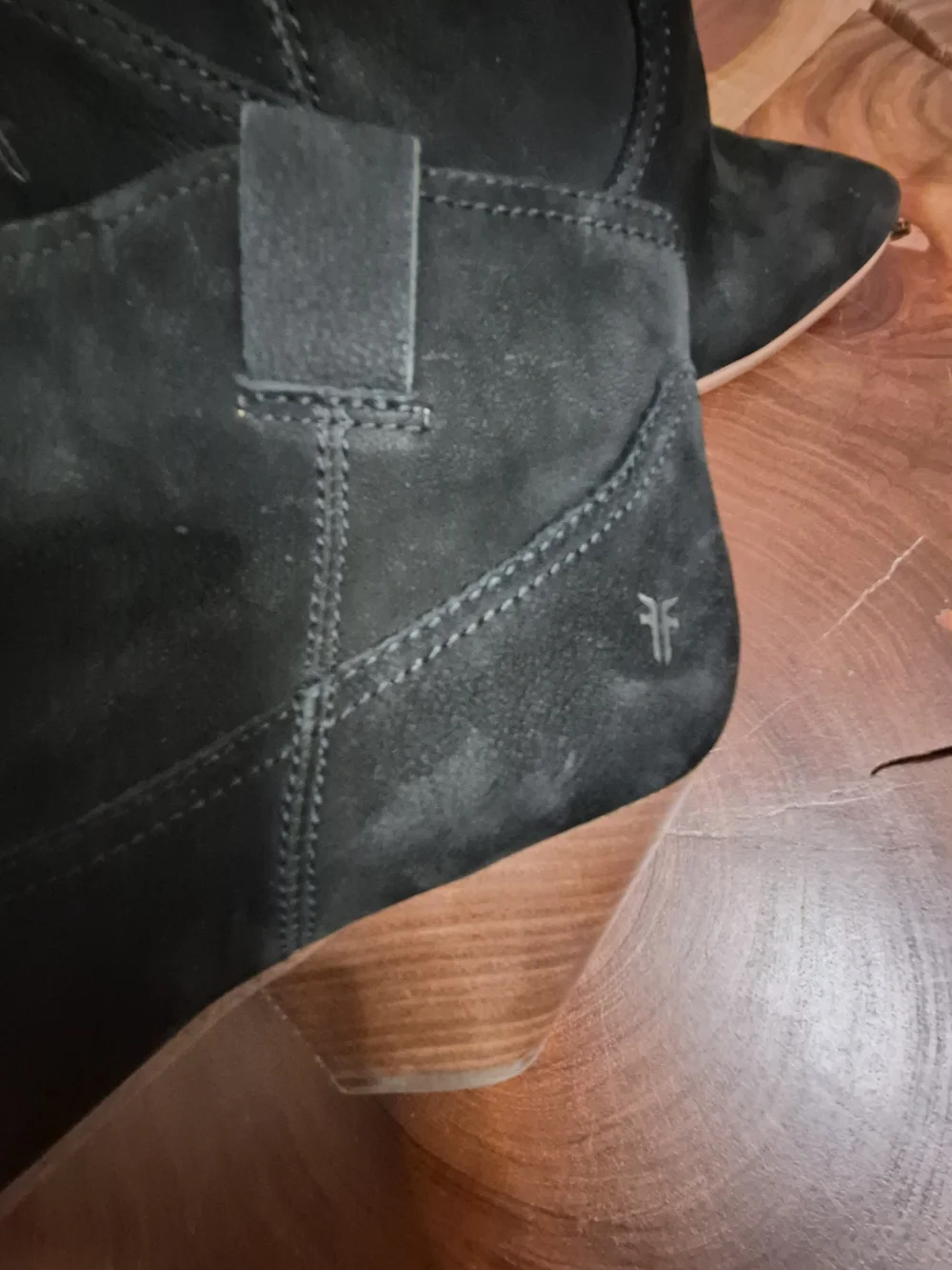 Frye Reina Bootie Black Suede Nubuck Western Ankle Boot Stacked Heel - 8.5